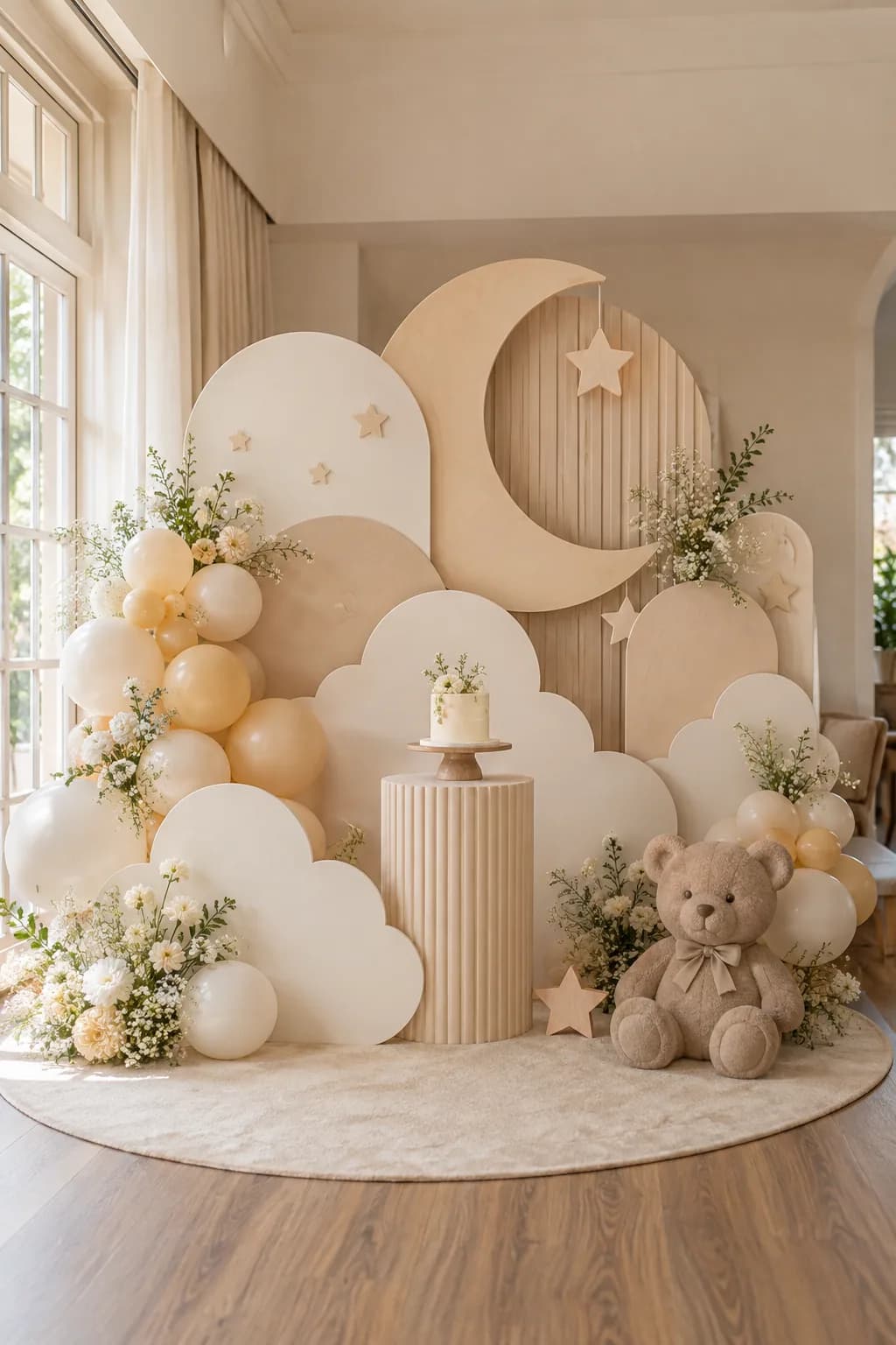 Concept backdrop thôi nôi và đầy tháng với mặt trăng, mây, gấu bông và bục bánh