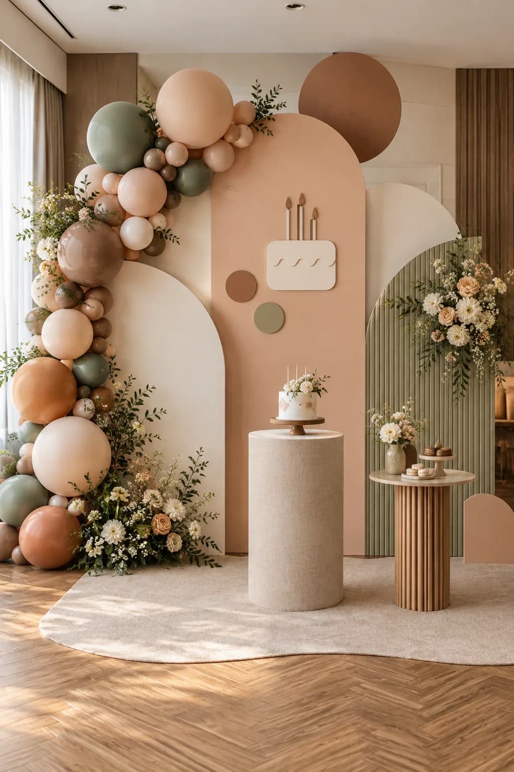 Concept backdrop sinh nhật tông đào và xanh trầm với bóng, hoa, bánh và bàn trang trí