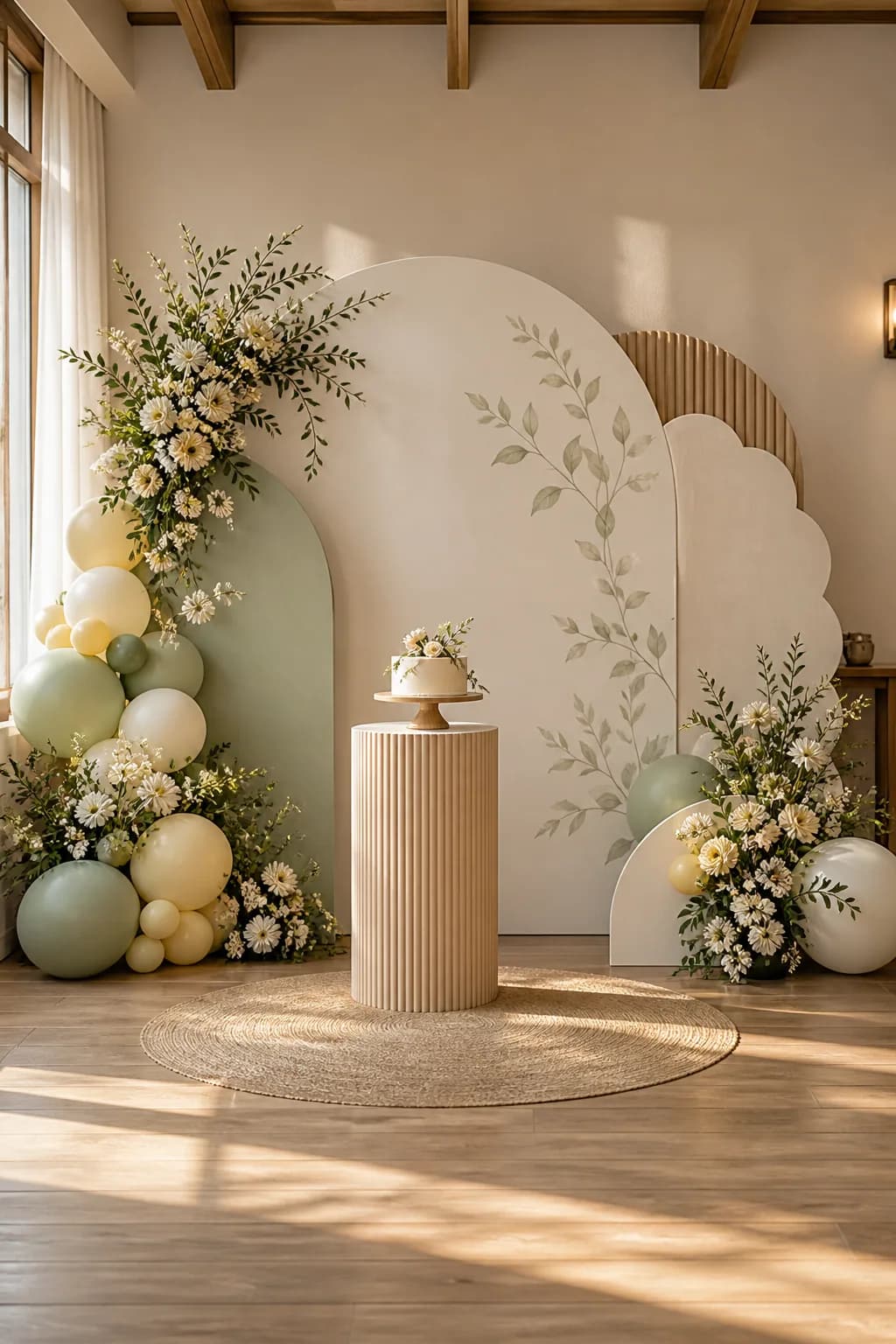 Concept backdrop đầy tháng màu kem và xanh dịu với phông tròn, hoa và bục bánh