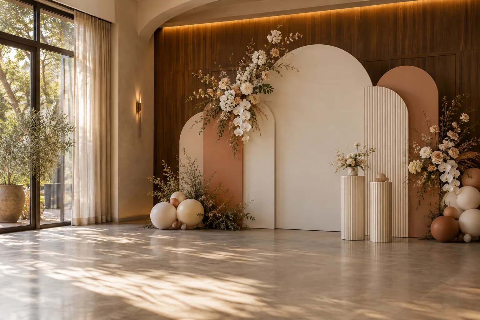 Concept backdrop sự kiện với các lớp phông cong màu kem, hoa và bục trưng bày
