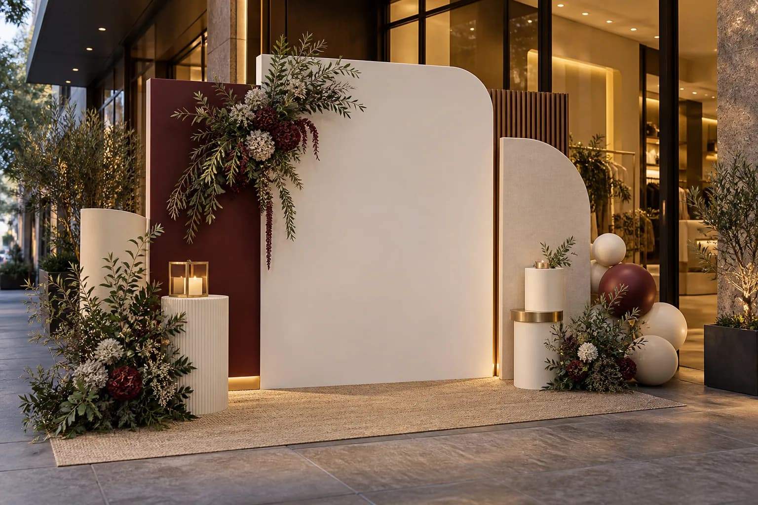 Concept backdrop khai trương màu kem và đỏ trầm trước một cửa hàng hiện đại