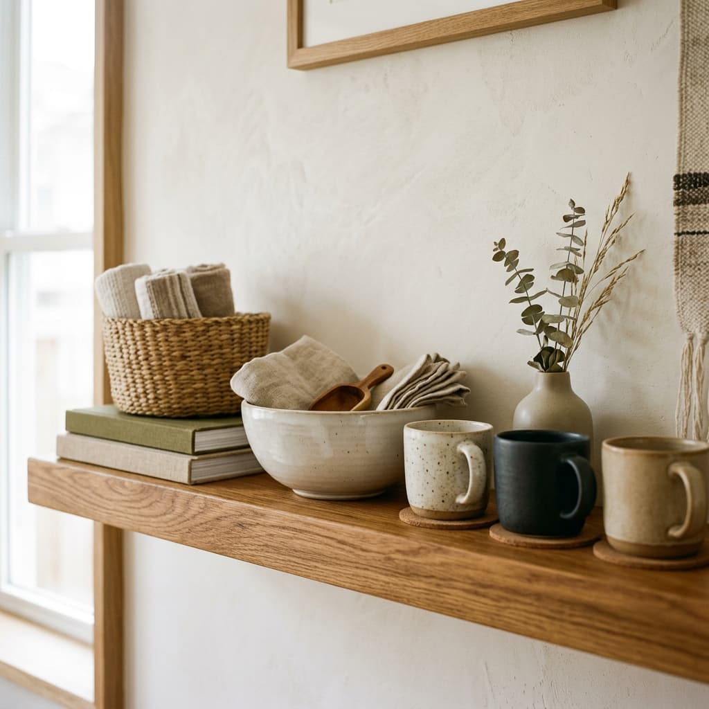 Modern townhouse interior detail wooden shelf