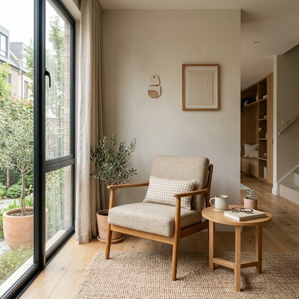 Modern townhouse interior sunlit corner