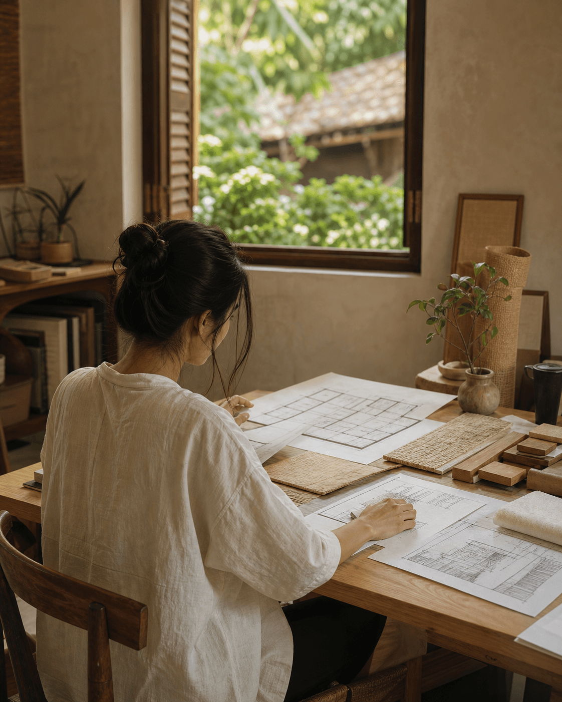 Người sáng lập Gạo Decor làm việc với bản vẽ và vật liệu nội thất
